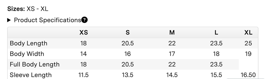 Size chart for Brain Storm tee shirt