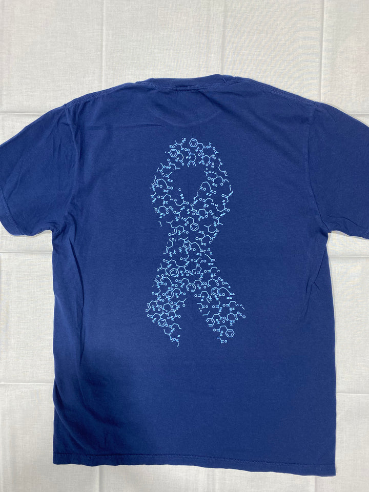 Back of Ladyspinedoc Diabetes Awareness Tee, showing an awareness ribbons made up of insulin molecules.