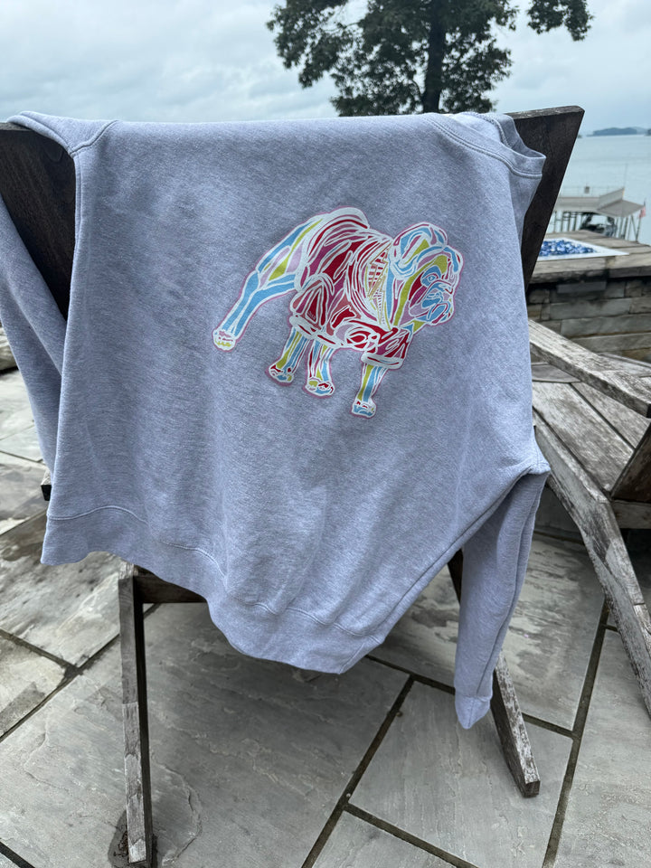 Gray sweatshirt with a colorful bulldog design draped over a chair outdoors.