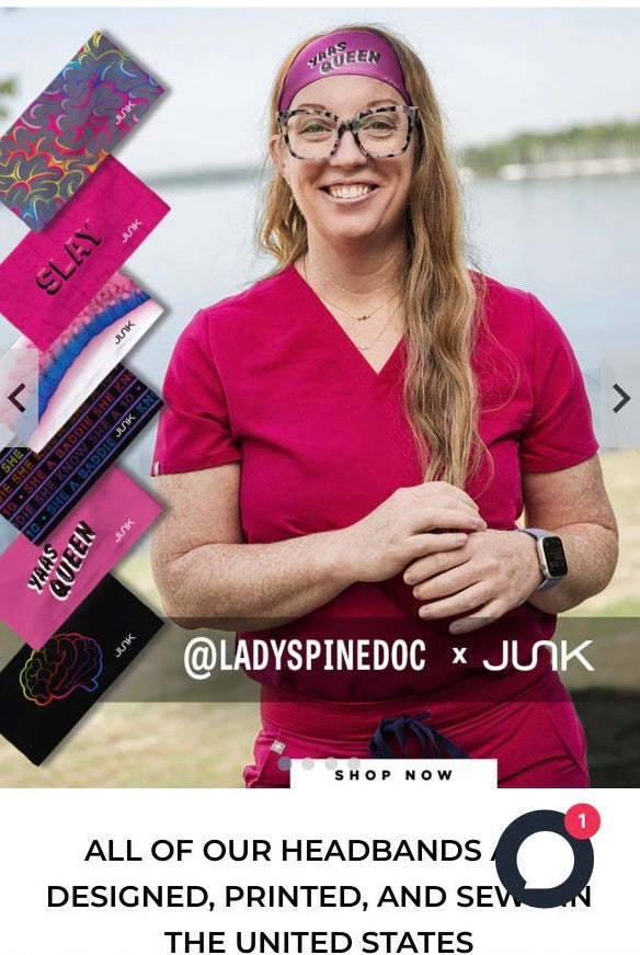 Ladyspinedoc wearing a pink JUNK headband with text overlay and product images.