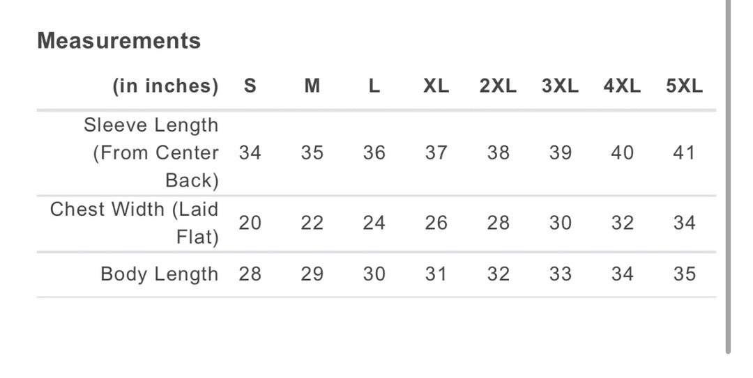 Size chart for S through 5XL