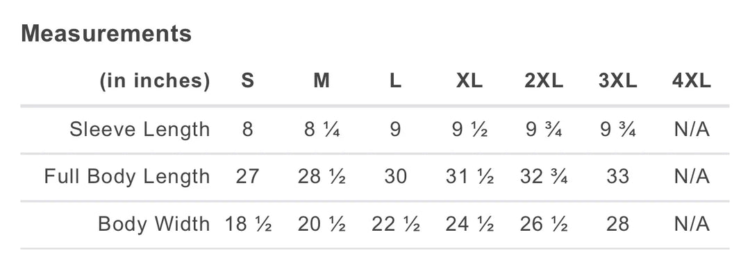 Measurement chart for clothing sizes S to 4XL in inches