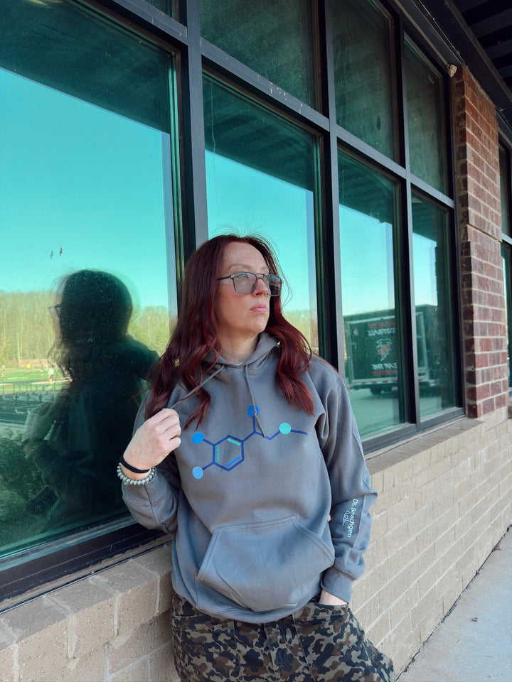 Ladyspinedoc wearing a gray Code Cart Hoodie outside