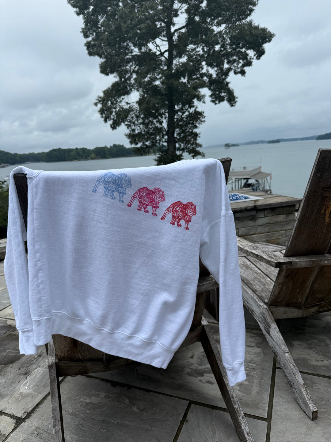 White sweatshirt with colorful bulldog design on a wooden chair by a lake.