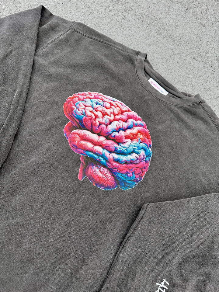 Gray sweatshirt with colorful brain on the front