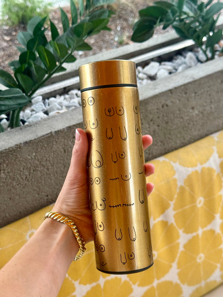 Person holding gold Smart Water Bottle with LED Temperature Display