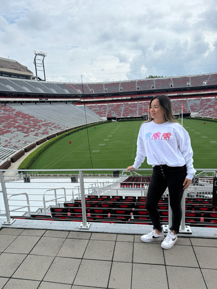Person standing in an empty stadium wearing a white sweatshirt with a logo.