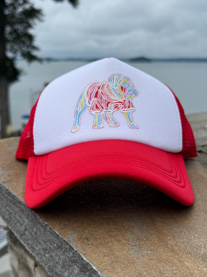 Red and White Game Day Trucker Hat - Bulldog Cap on stone wall with lake in background