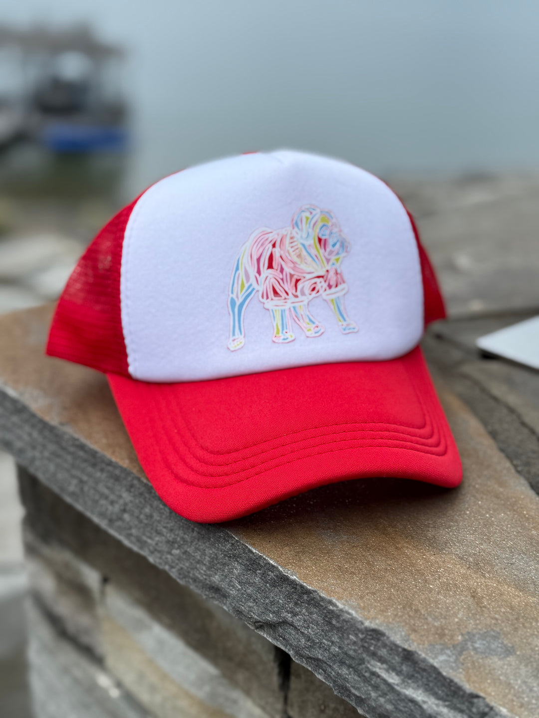 Closeup view of red and white Red and White Game Day Trucker Hat - Bulldog Cap