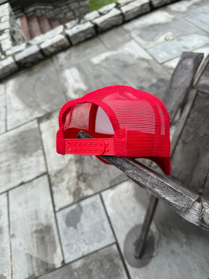 Back of Red and White Game Day Trucker Hat - Bulldog Cap, showing the snap closure