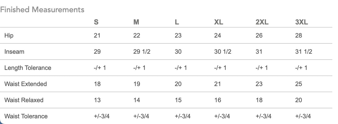 Size chart for clothing