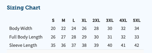 Sizing chart for clothing with body width, full body length, and sleeve length measurements.