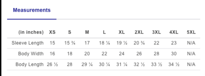 Measurement chart for clothing sizes with sleeve length, body width, and body length dimensions.