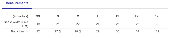 Measurement chart for chest width and body length in inches.