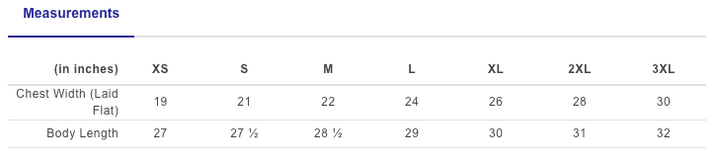 Measurement chart for chest width and body length in inches.