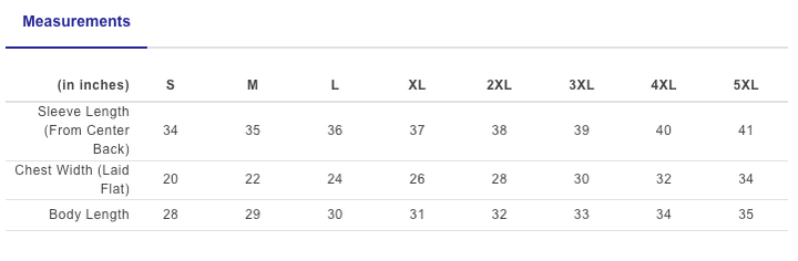 Measurement chart for clothing sizes in inches