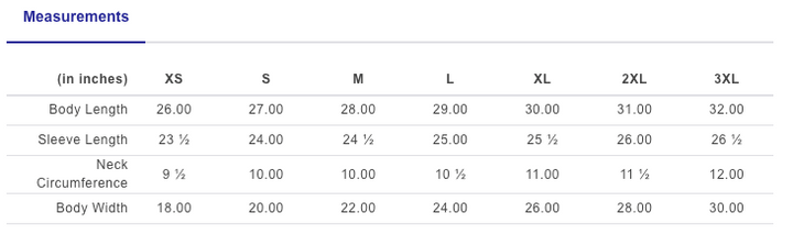 Measurement chart for clothing sizes in inches