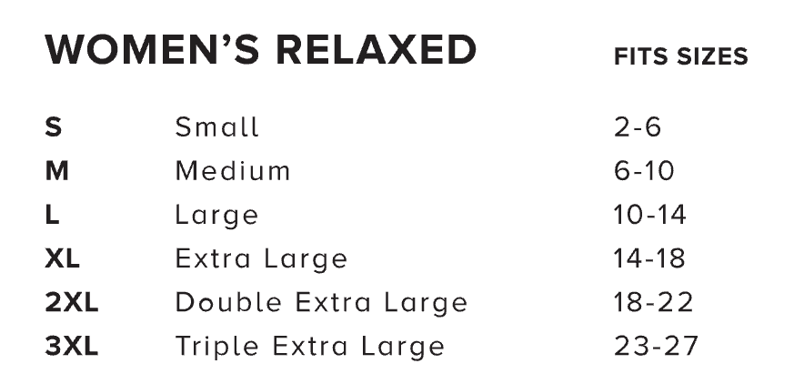 Size chart for women's clothing with fits sizes and corresponding measurements.