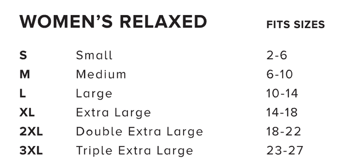 Size chart for women's clothing with fits sizes and corresponding measurements.