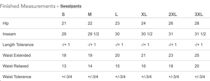 Measurement chart for sweatpants with size labels from S to 3XL.