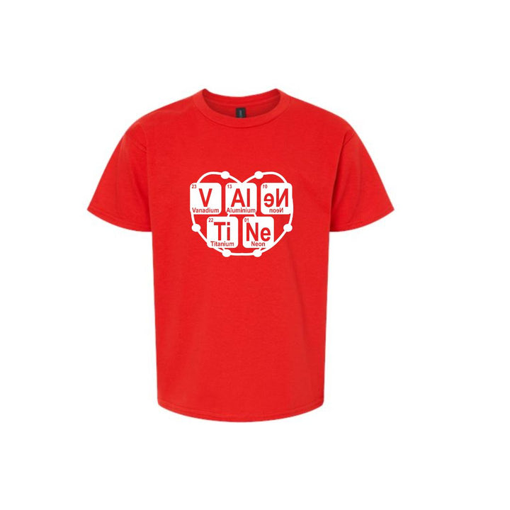 Flat lay of Atomic Attraction Youth Tee Shirt - Kids Red Short Sleeve with Periodic Table Design