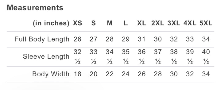 Measurement chart for clothing sizes in inches